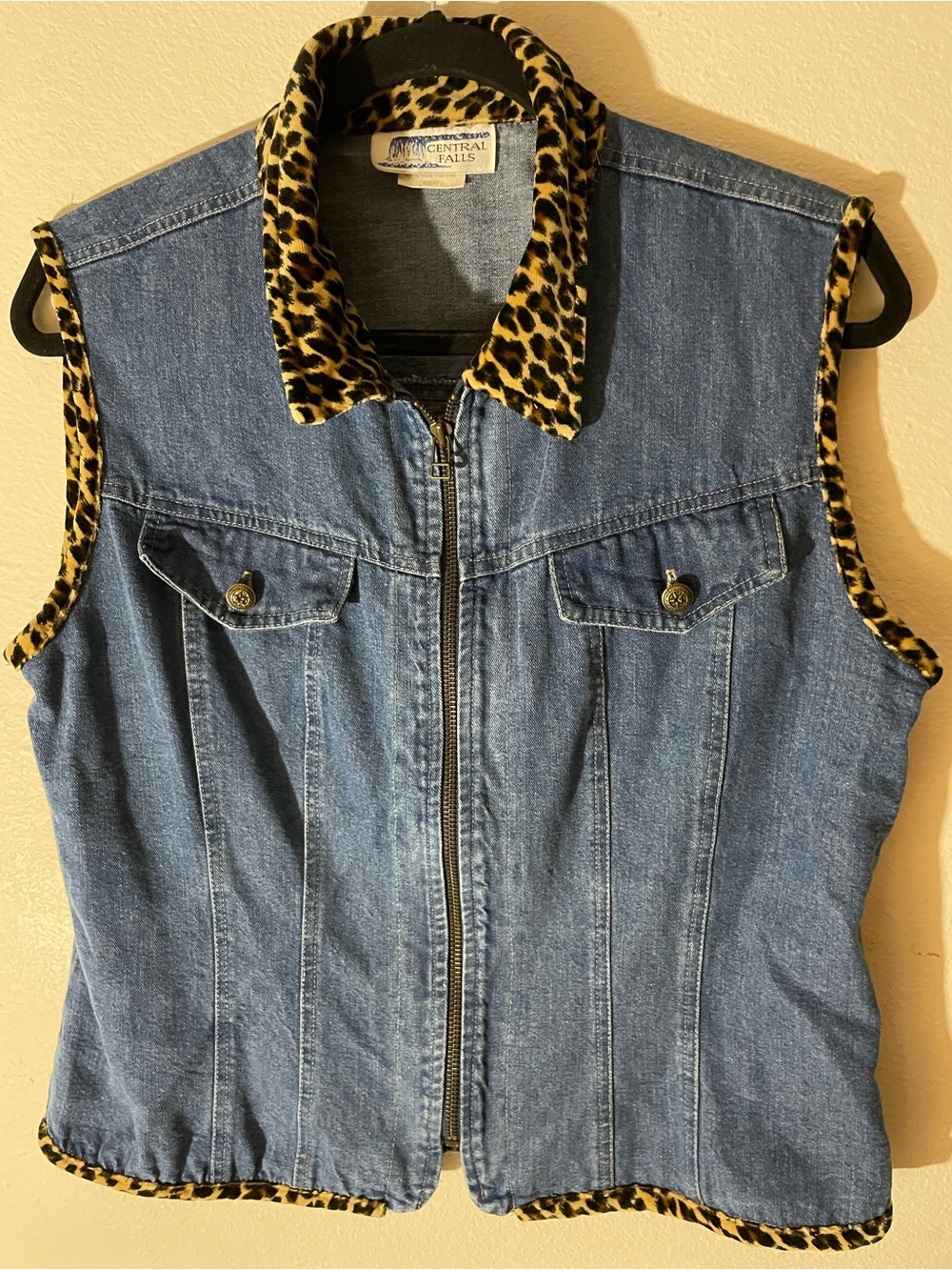 Central Falls Blue Denim Vest with Leopard Trim Collar